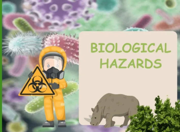 Watch out for tiny germs! Stay protected by using masks, gloves, and keeping things clean. Safety first! 🦠🧤🚿 #BiologicalHazard #StaySafe"